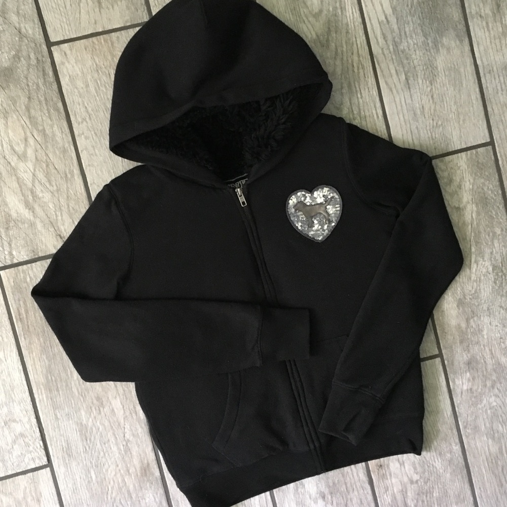 PINK Fur Lined Hoodie Full Zip Sz. XS Black